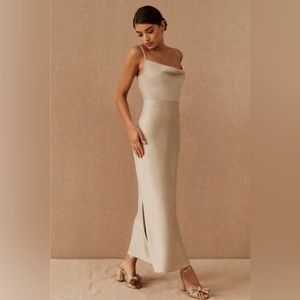 BHLDN Cali Satin Cowl-Neck Midi Slip Dress